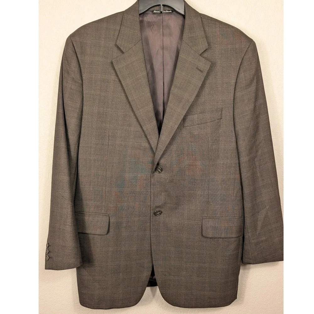 Barneys New York Men's 44R Brown‎ Glen Plaid Wool Blazer Sport Coat - Picture 2 of 9